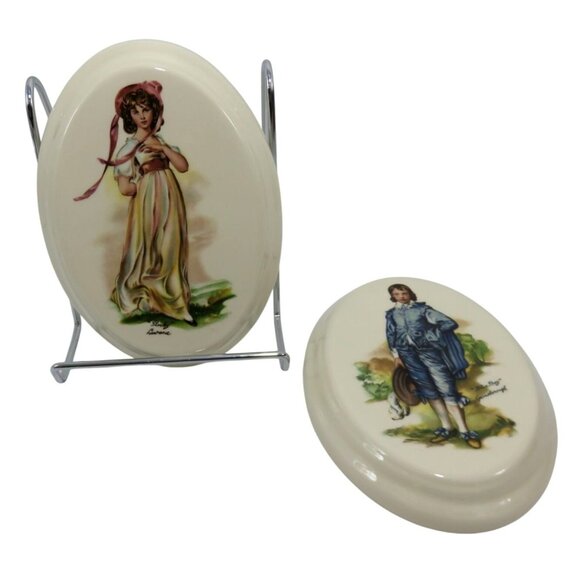 Oval Wall Plaques with Colonial BLUE BOY and Pinky Girl Prints Ceramic Set Of 2 - Picture 2 of 5